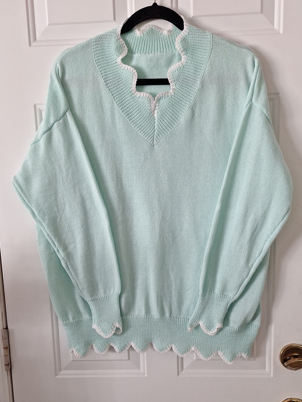 SHEIN Mint Green V-Neck Sweater with White Ruffle Trim
